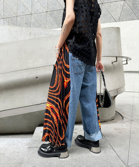 Side Pleated Denim Pants