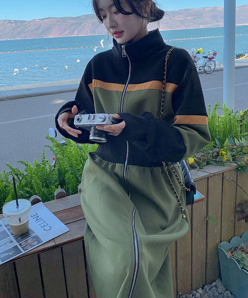 Color Block Zip-Up Long Dress