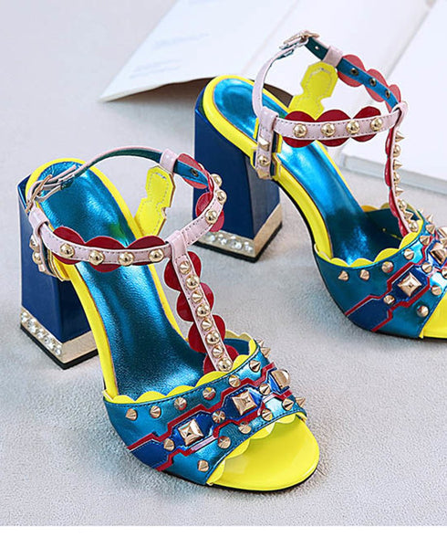 Flare Heel Studded Sandals