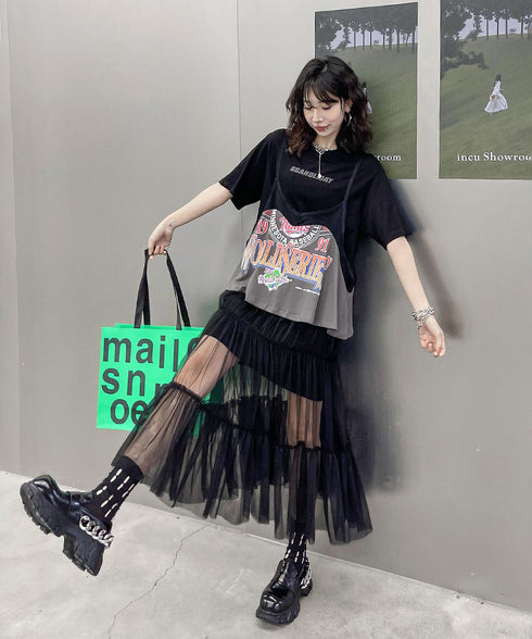 Loose T-shirts & Mesh Dress Co-ord