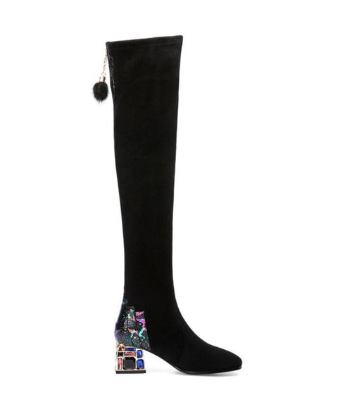 Jewel Heel Metallic Knee Boots