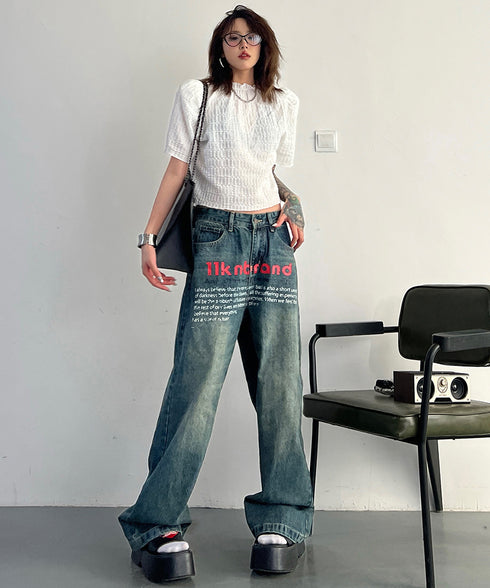 English Letter Print Denim Pants