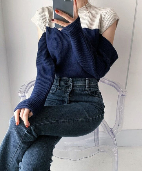 Two-Tone Shoulder Cutout Knit Top