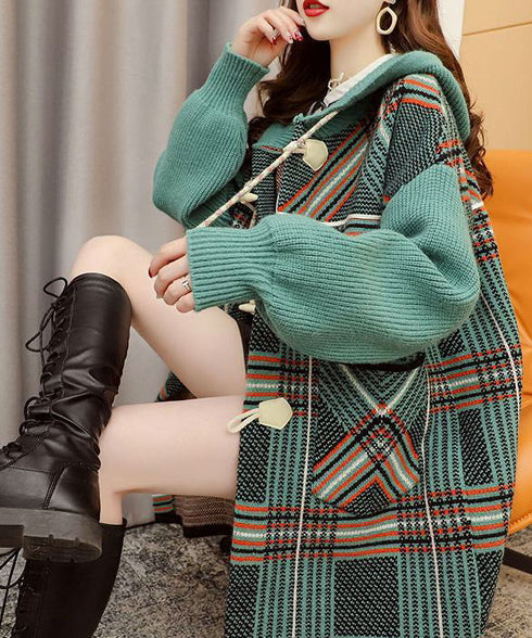 Plaid Patchwork Knit Hooded Jacket