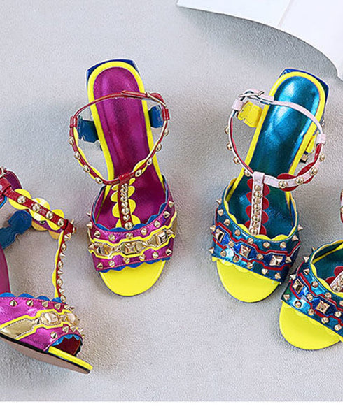 Flare Heel Studded Sandals