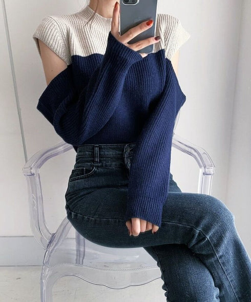 Two-Tone Shoulder Cutout Knit Top