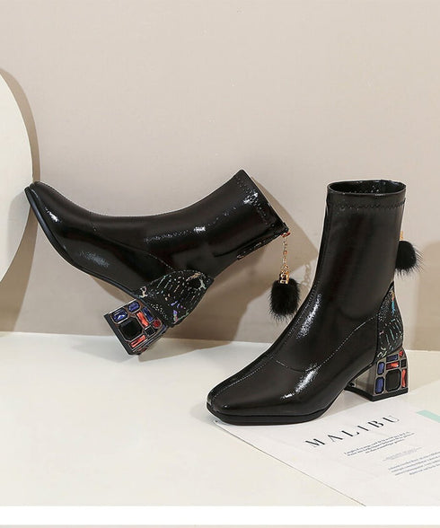 Tassel Charm Block Heel Boots