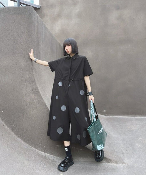 Polka Dot Drawstring Shirt Jumpsuit