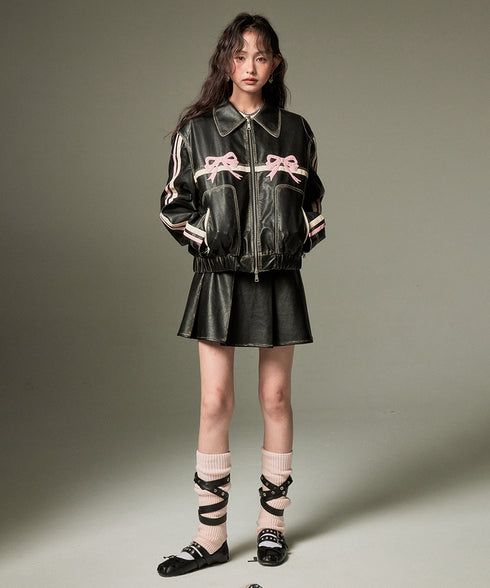 Ribbon Patchwork Faux Leather Jacket