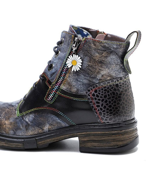 Vintage Patchwork Daisy Combat Boots
