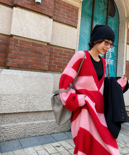 Striped V-neck Sweater Dress