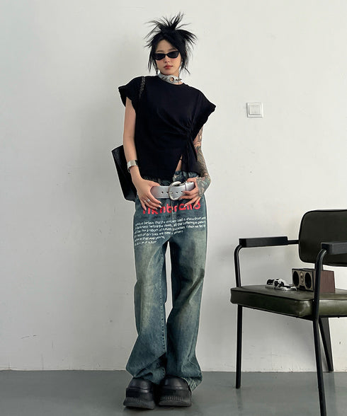 English Letter Print Denim Pants