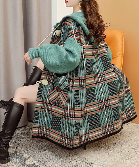 Plaid Patchwork Knit Hooded Jacket