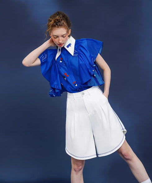 Blue Bird Ruffle Sleeve Blouse