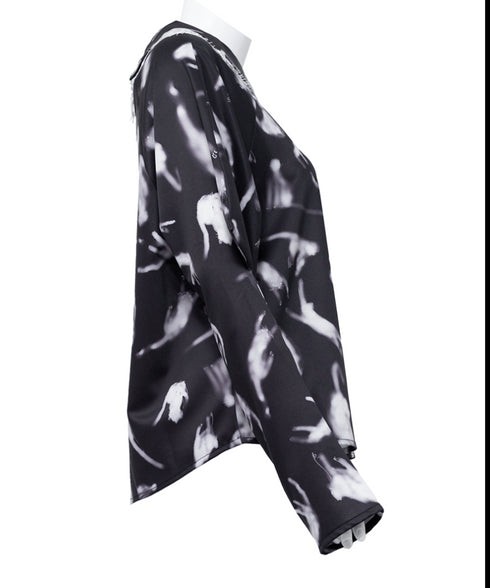 Feather Print Lace Collar Blouse