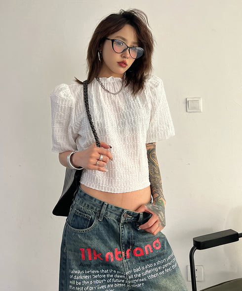Puff Sleeve Ripple-fabric Top