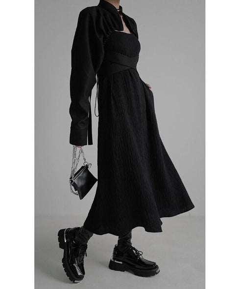 Crinkled Square Neck Long Dress