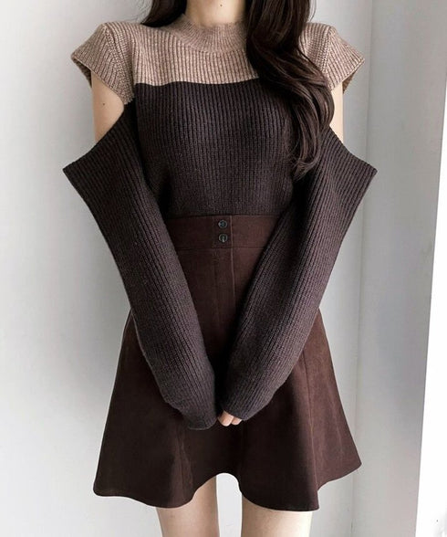 Two-Tone Shoulder Cutout Knit Top