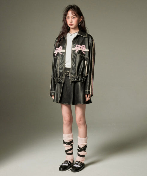 Ribbon Patchwork Faux Leather Jacket