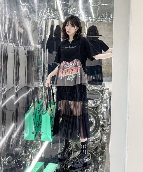 Loose T-shirts & Mesh Dress Co-ord