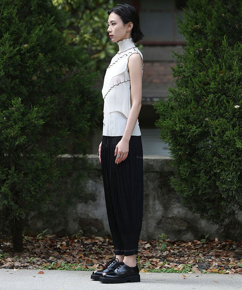 Stand Collar Pleated Top