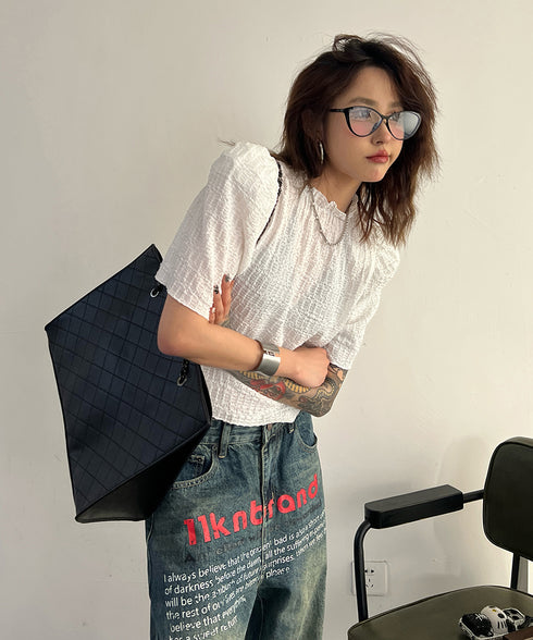 Puff Sleeve Ripple-fabric Top