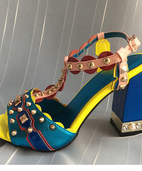 Flare Heel Studded Sandals