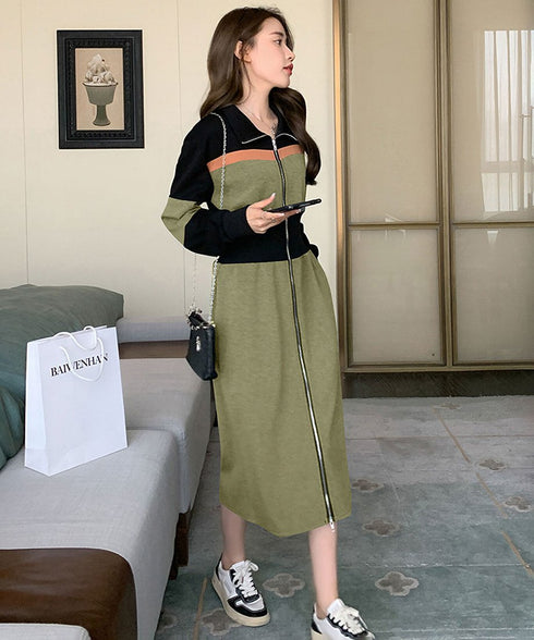 Color Block Zip-Up Long Dress