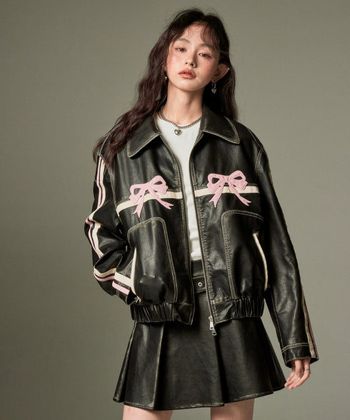 Ribbon Patchwork Faux Leather Jacket