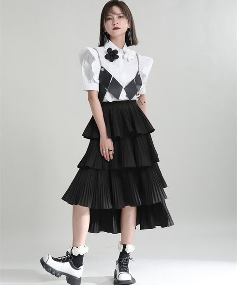 Tiered Pleated Midi Skirt