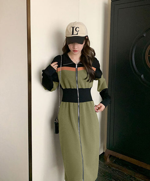 Color Block Zip-Up Long Dress