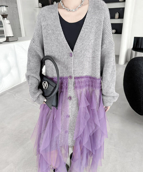 Ruffle Tulle Long Cardigan