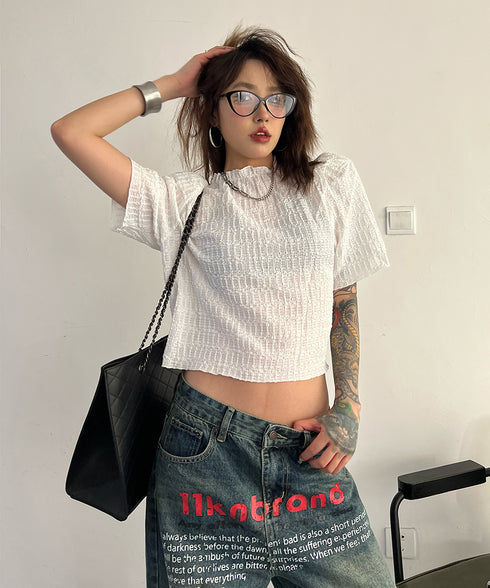 Puff Sleeve Ripple-fabric Top