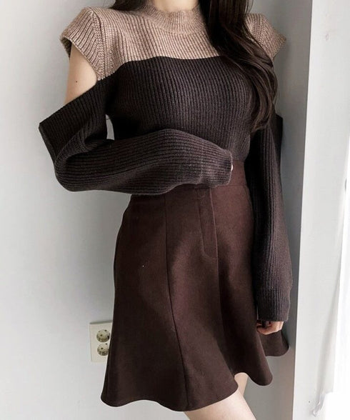 Two-Tone Shoulder Cutout Knit Top