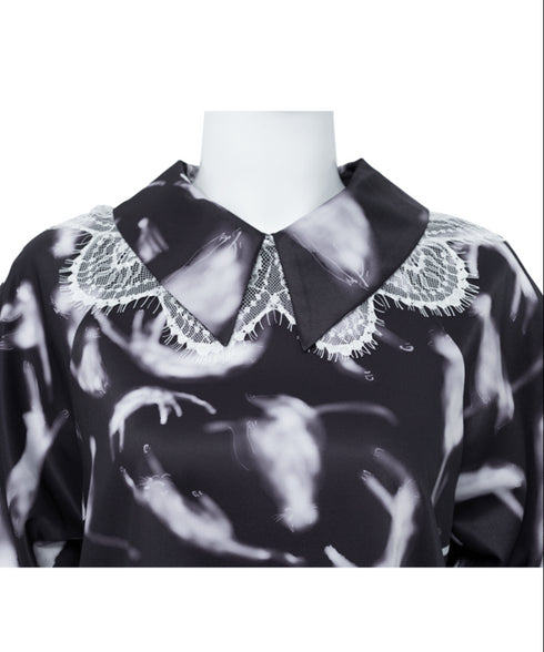 Feather Print Lace Collar Blouse
