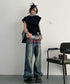English Letter Print Denim Pants