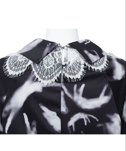 Feather Print Lace Collar Blouse