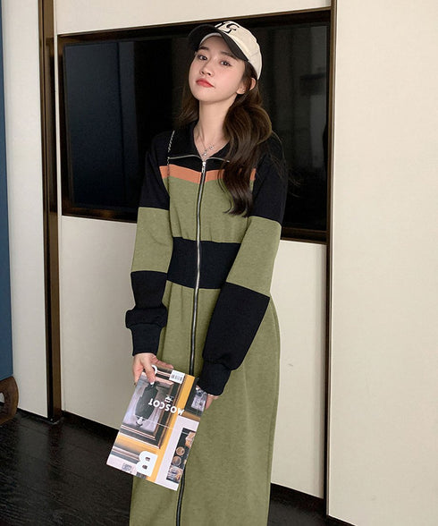 Color Block Zip-Up Long Dress