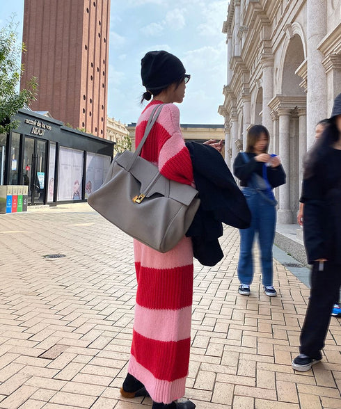 Striped V-neck Sweater Dress