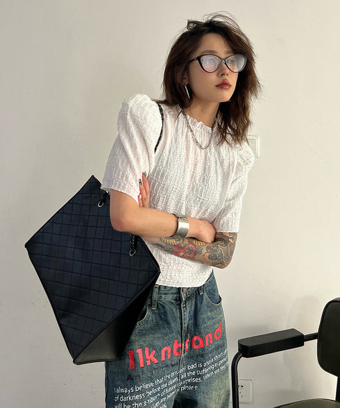 Puff Sleeve Ripple-fabric Top