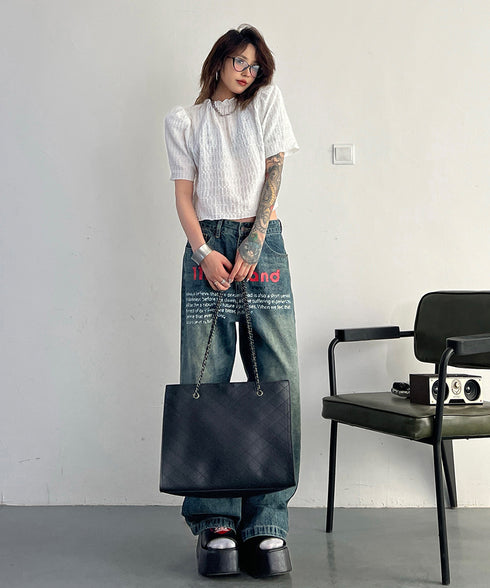 English Letter Print Denim Pants