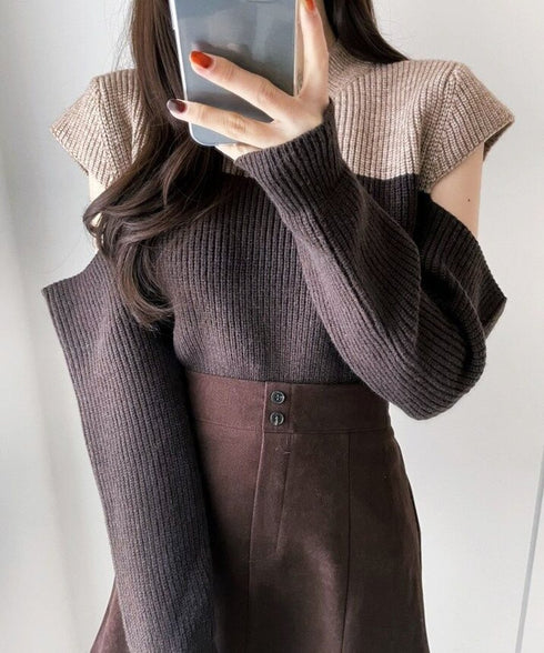 Two-Tone Shoulder Cutout Knit Top