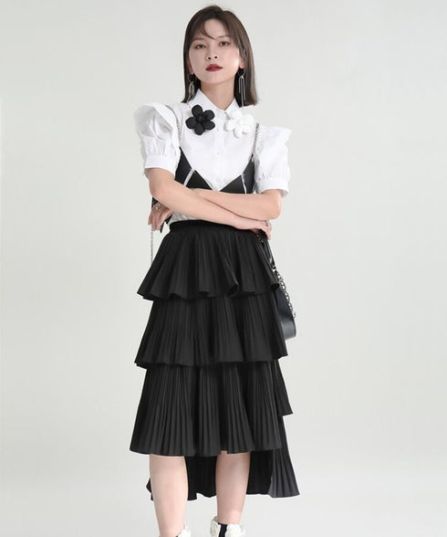 Tiered Pleated Midi Skirt