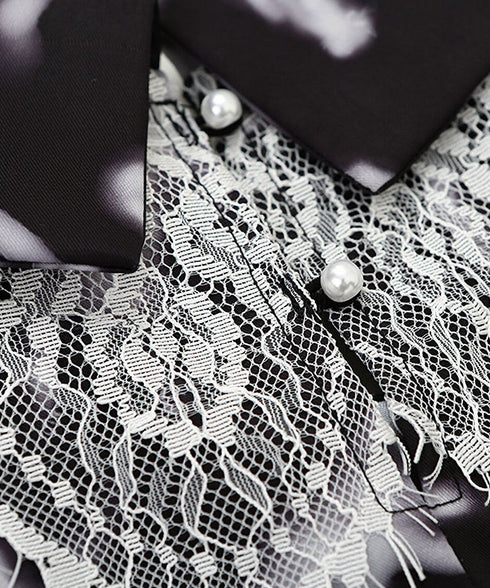 Feather Print Lace Collar Blouse