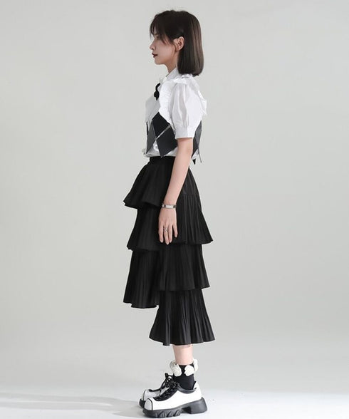 Tiered Pleated Midi Skirt