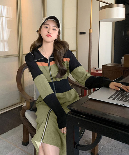 Color Block Zip-Up Long Dress