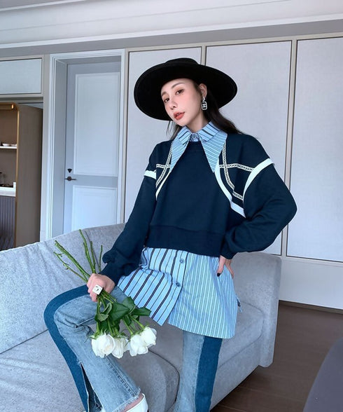 Layered Stripe Shirt Sweat Top