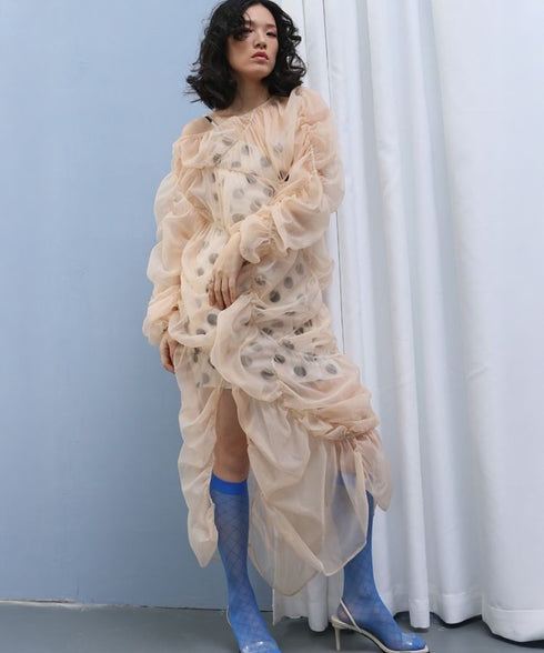 Poplin Shirring See-through Dress