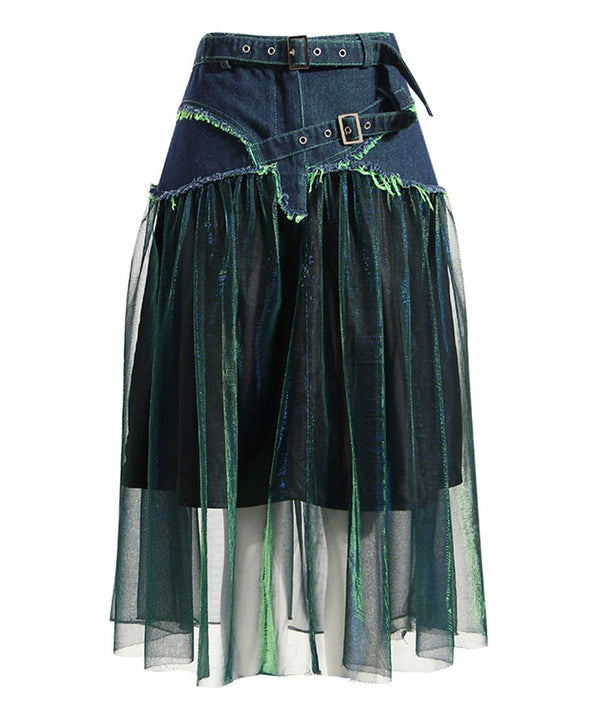 Layered Denim Mesh Skirt