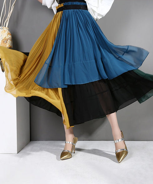 Pleated chiffon patchwork flared skirt